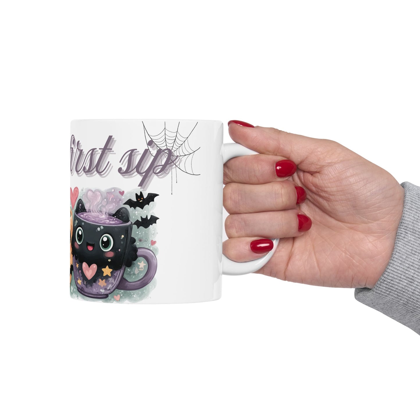 Whimsical Bat Ceramic Mug, Love at First Sip Kawaii Style Coffee Cup, 11oz, 15oz - Halloween Gift, Animal Lover, Cute Kitchen Decor, Vampire