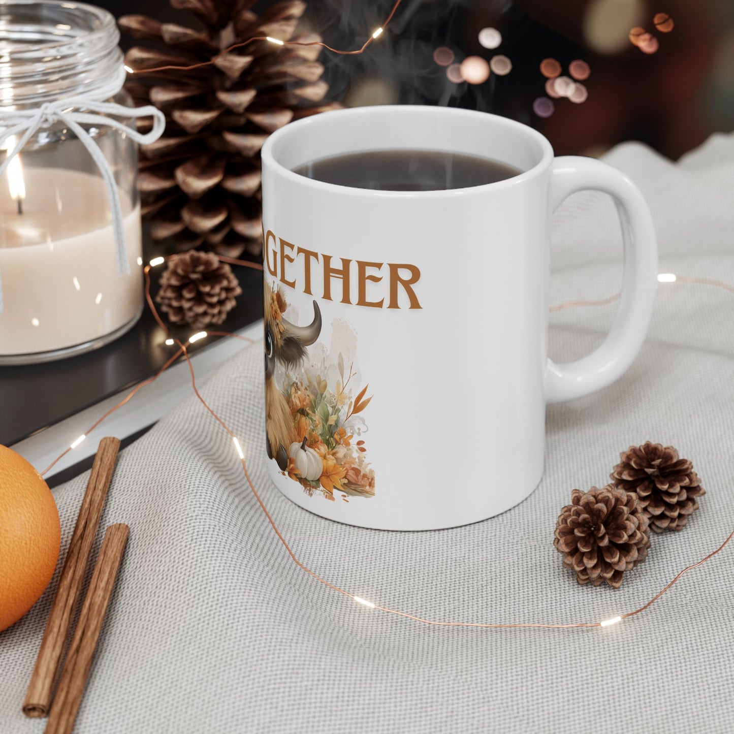 Fall is Better Together Highland Cow Mug Cute Autumn Coffee Cup with Mama and Baby Cow Pumpkins and Florals White Ceramic Mug 11oz or 15oz