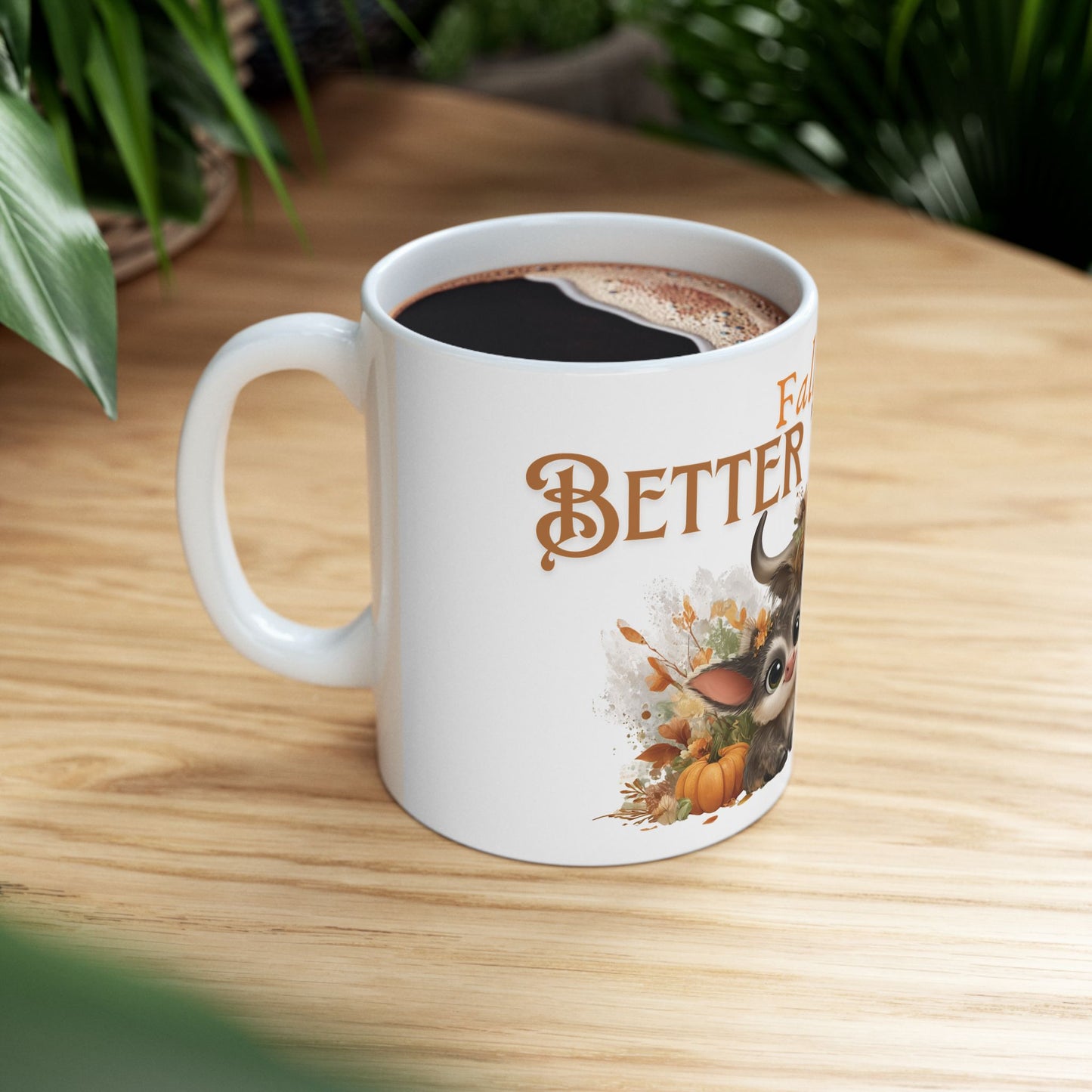 Fall is Better Together Highland Cow Mug Cute Autumn Coffee Cup with Mama and Baby Cow Pumpkins and Florals White Ceramic Mug 11oz or 15oz