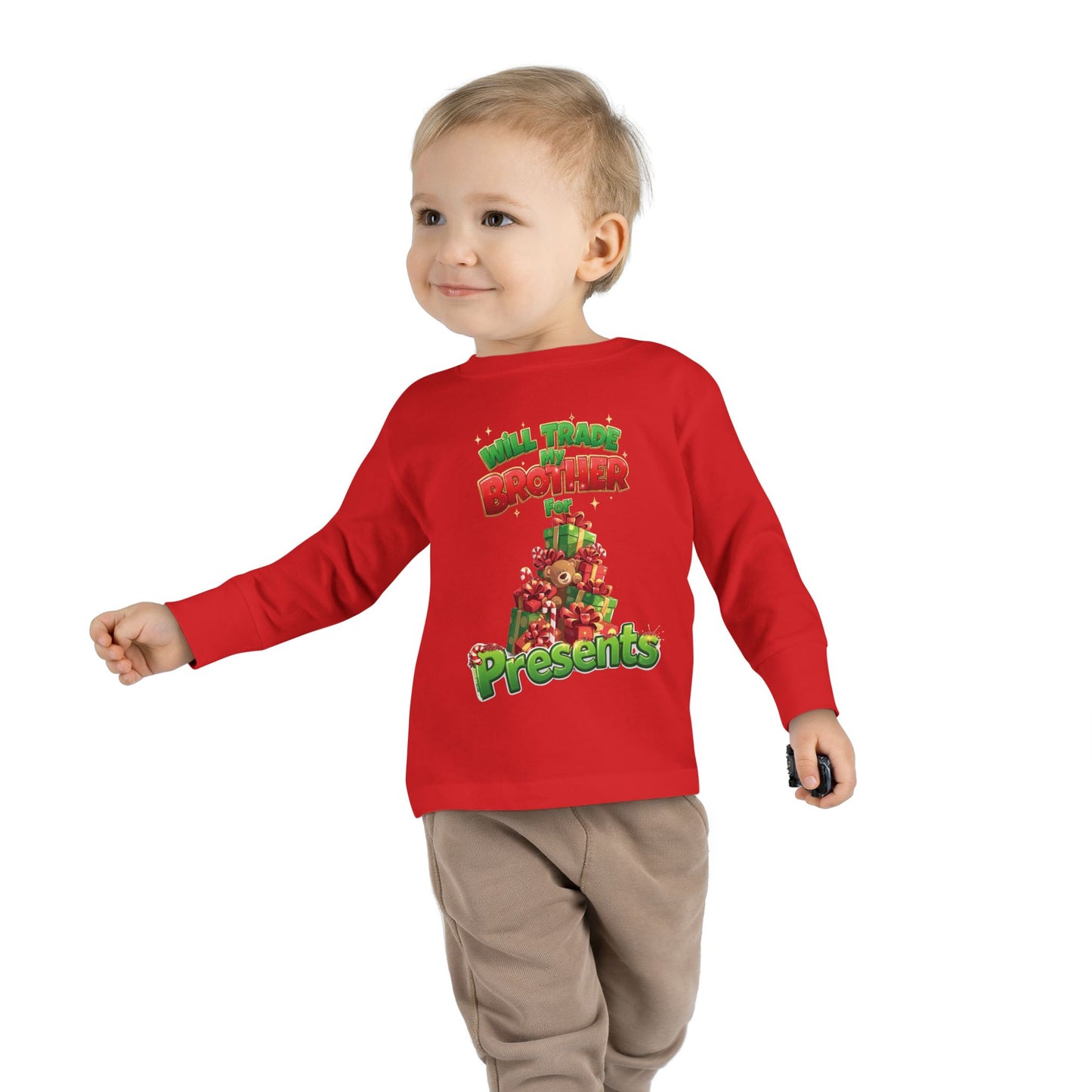 Toddler Christmas Long Sleeve Tee with 'Will Trade Brother for Presents' Design, Kids Holiday T-Shirt, Christmas Gift for Toddlers