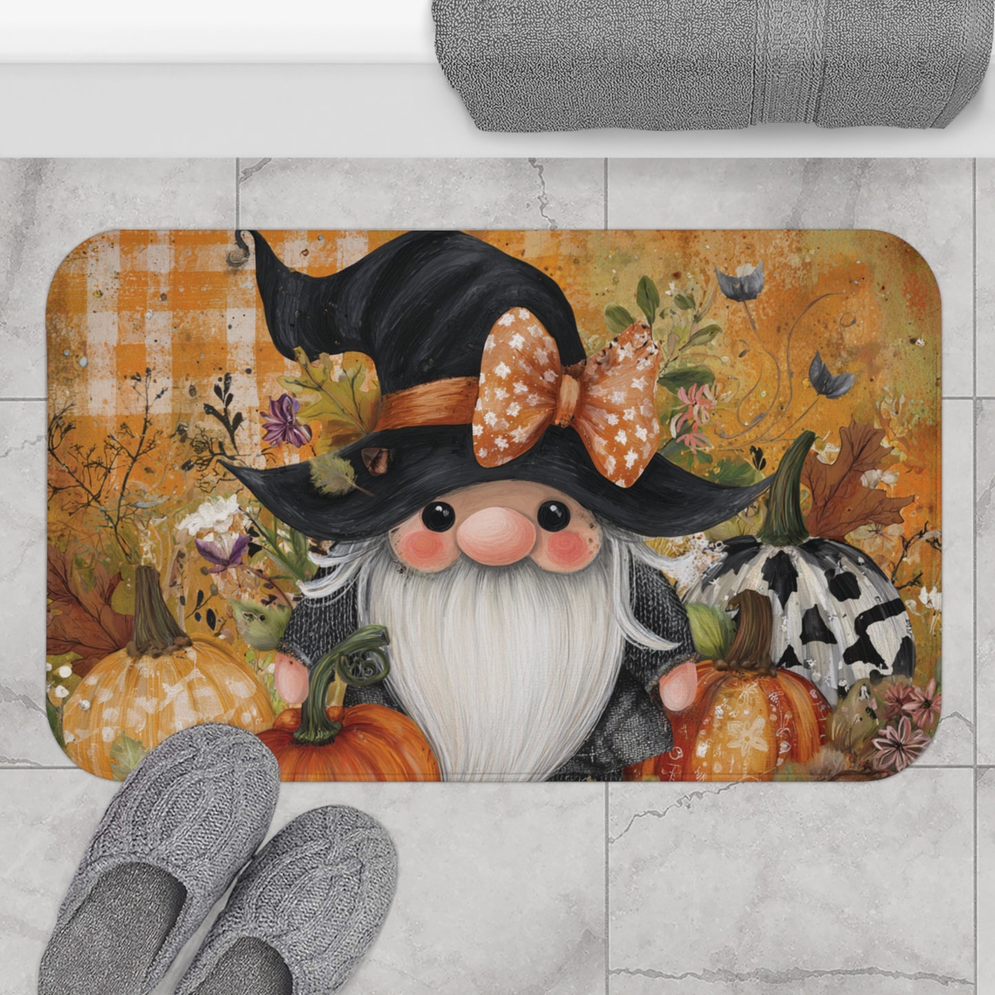 Fall Gnome Bath Mat - Cozy Autumn Decor, Pumpkin Themed, Perfect for Halloween, Thanksgiving, Home Entryway, Bathroom Accent