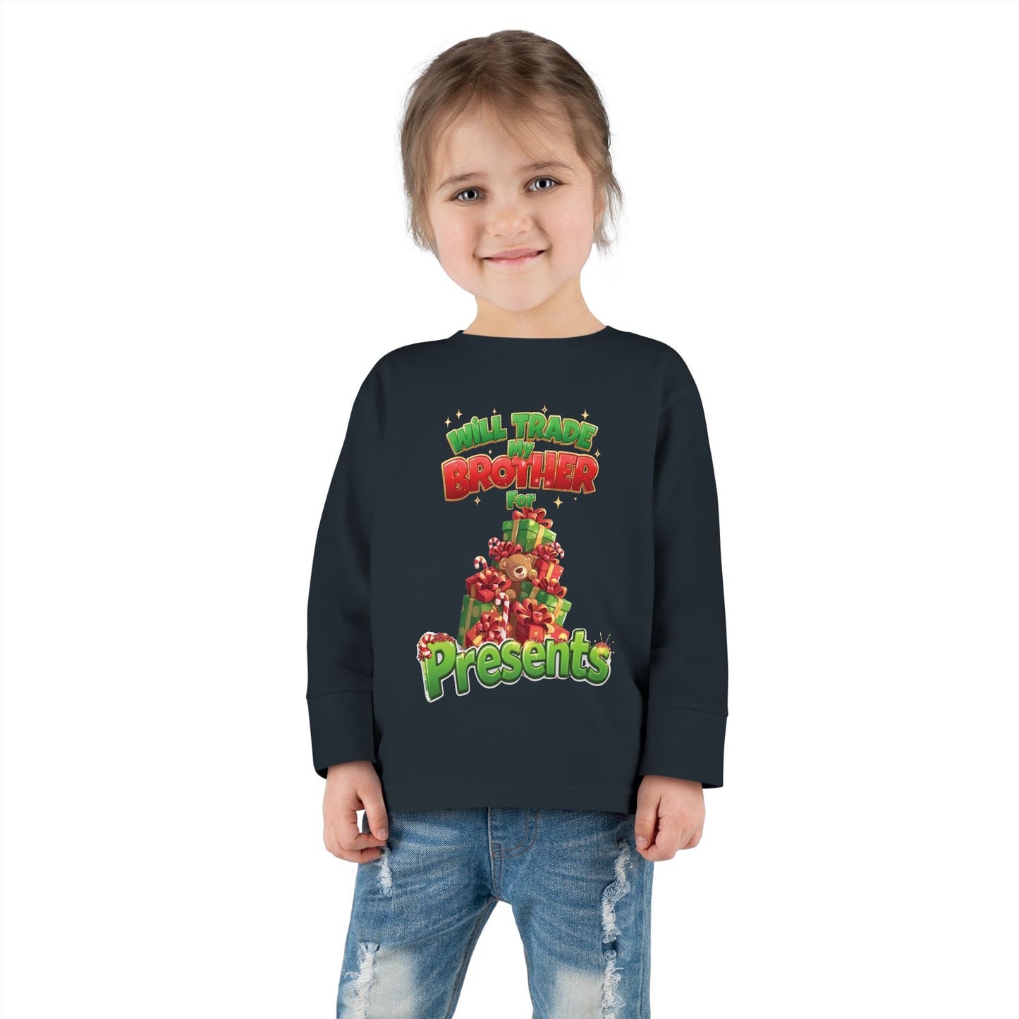 Toddler Christmas Long Sleeve Tee with 'Will Trade Brother for Presents' Design, Kids Holiday T-Shirt, Christmas Gift for Toddlers