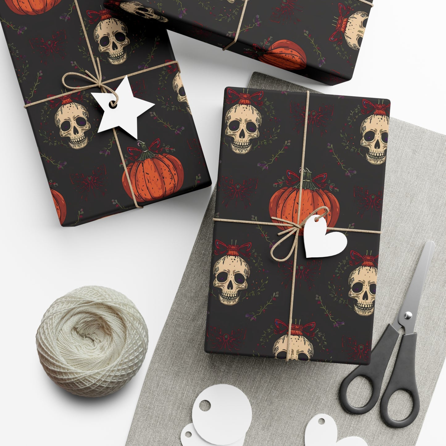 Hollyween Christmas Wrapping Paper – Gothic Holiday Gift Wrap with Skulls, Pumpkins & Bows