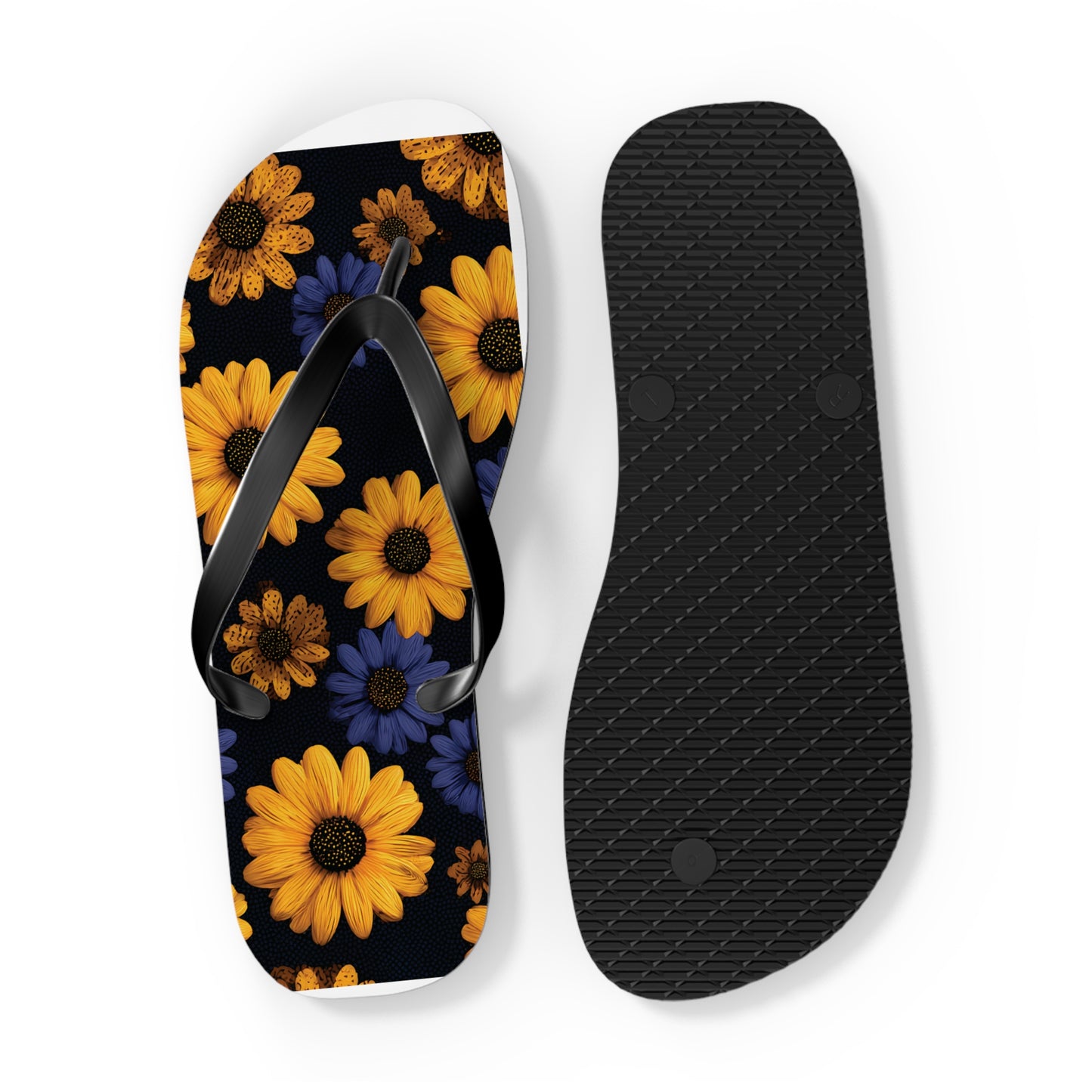 Flip Flops - Daisy Flower Seamless Pattern Retro 90s Vibe Yellow Navy Blue Black