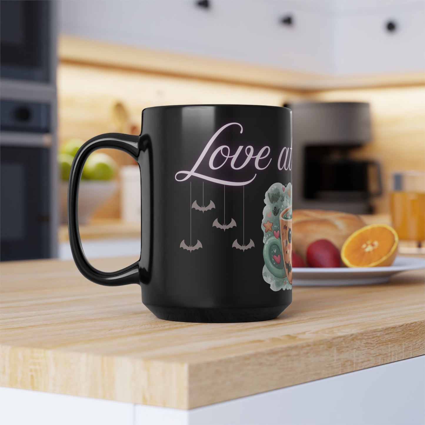 Whimsical Bat Mug, Love at First Sip Coffee Cup, Halloween Gift, Gothic Home Decor, Spooky Tea Mug, Unique Mugs Cute Bat Design - Black