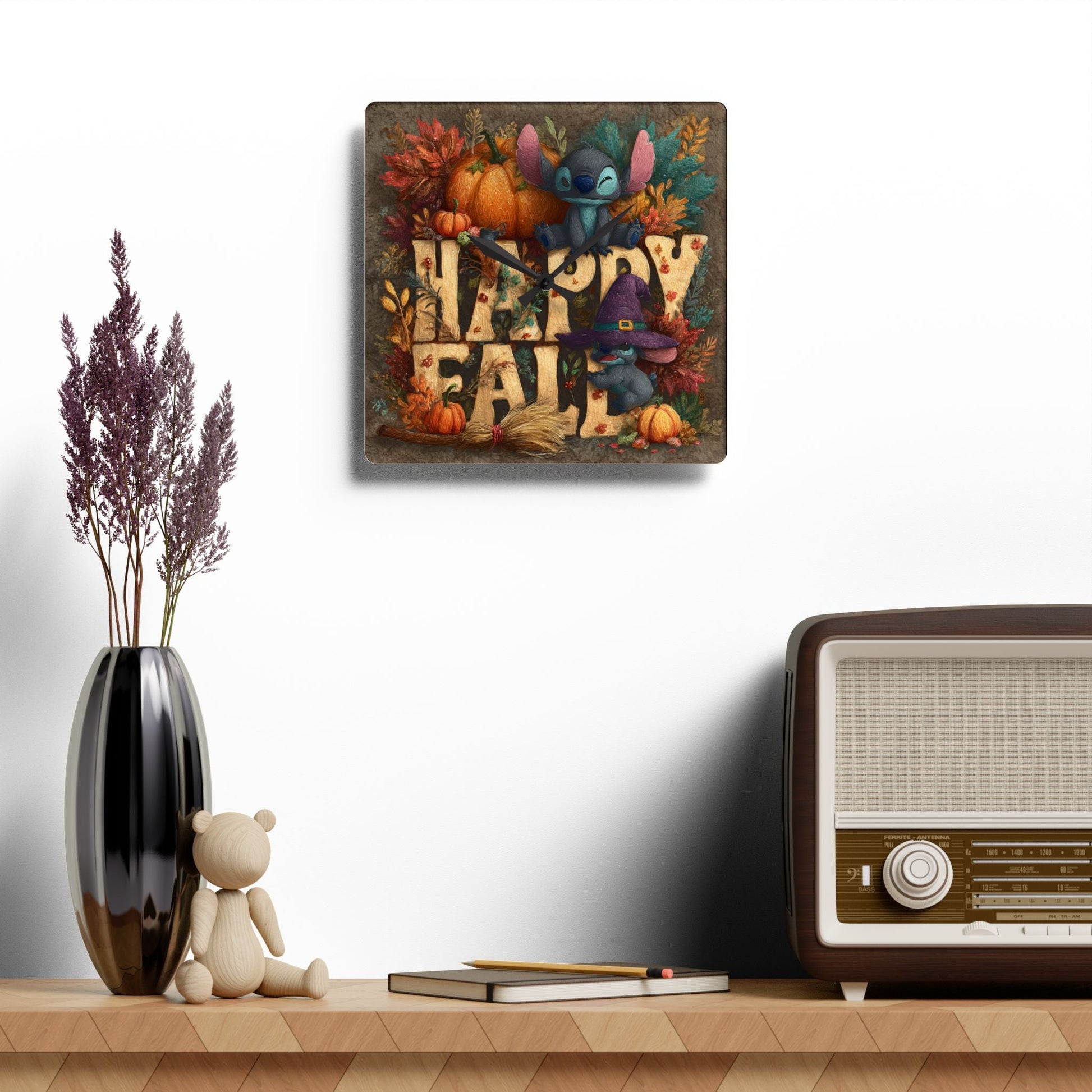 Fall-Themed Acrylic Wall Clock, Happy Fall Decor, Seasonal Home Accessory, Autumn Wall Art, Harvest Time Clock Printify
