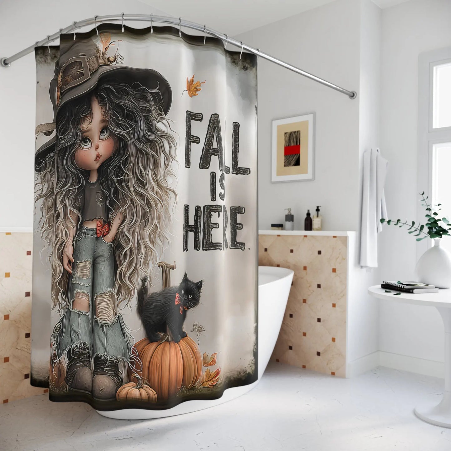 Whimsical Fall Shower Curtain with Witch Design, Autumn Decor, Bathroom Accessories, Halloween Decor, Gift for Her, Seasonal Home Decor Printify