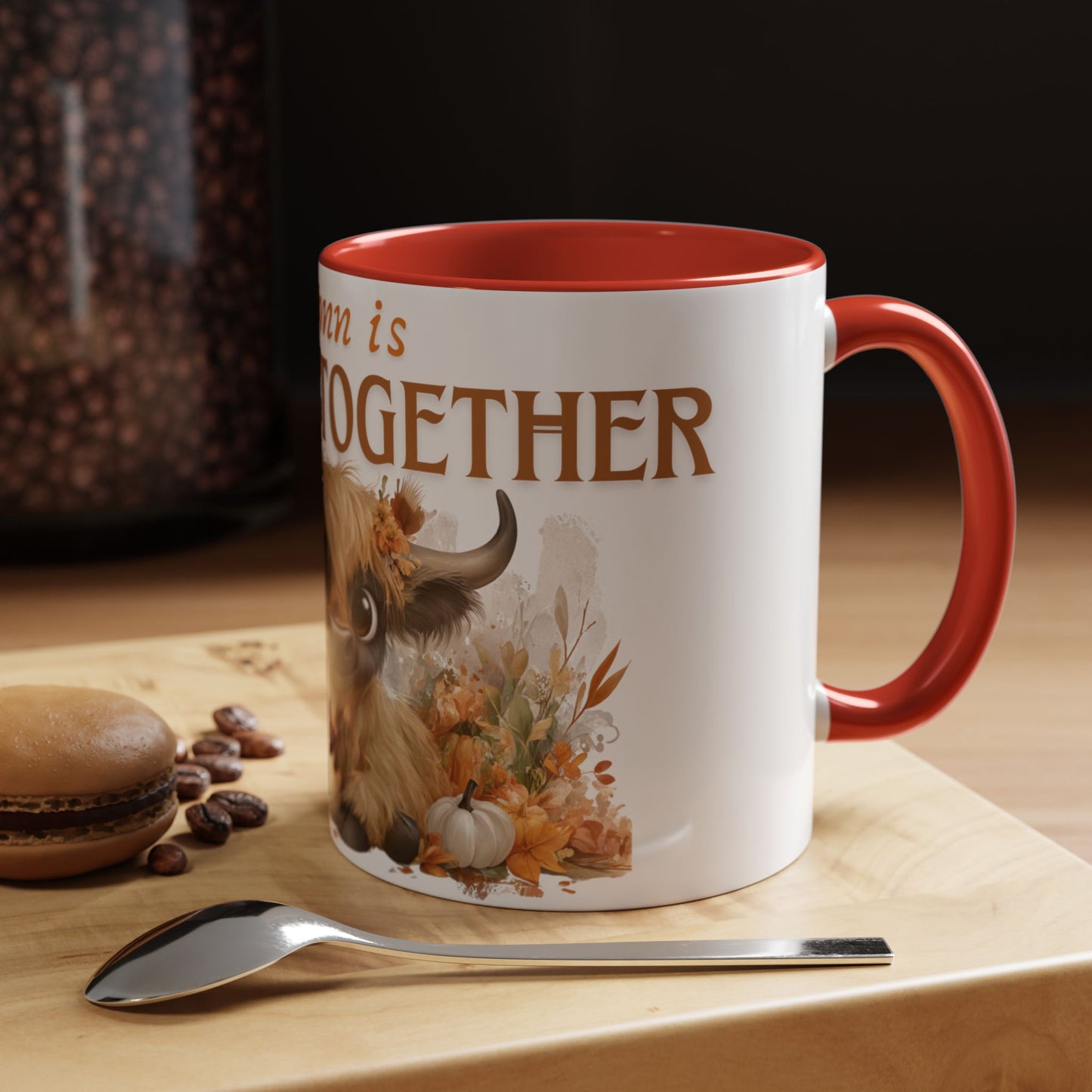 Autumn is Better Together Highland Cow Accent Coffee Mug Fall Mama and Baby Cow Cup White Ceramic with Color Handles 11oz or 15oz