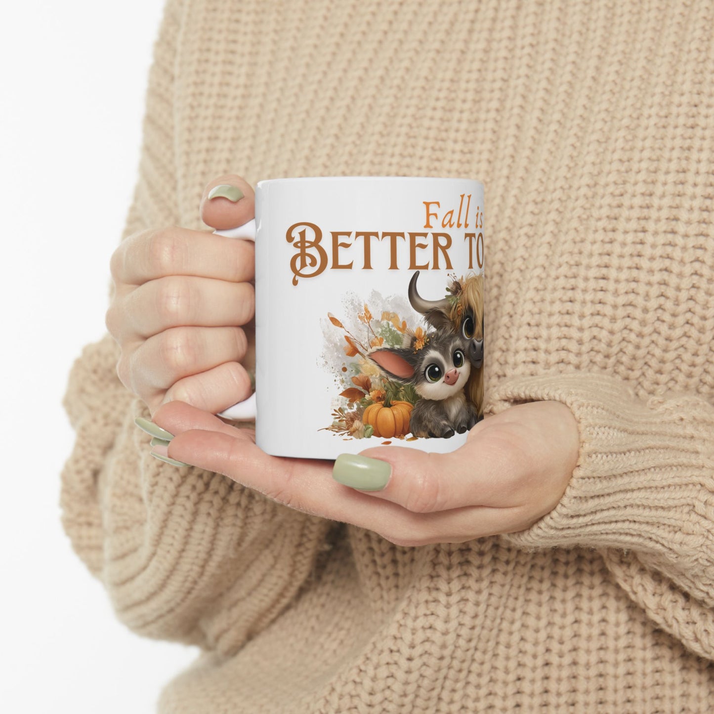 Fall is Better Together Highland Cow Mug Cute Autumn Coffee Cup with Mama and Baby Cow Pumpkins and Florals White Ceramic Mug 11oz or 15oz