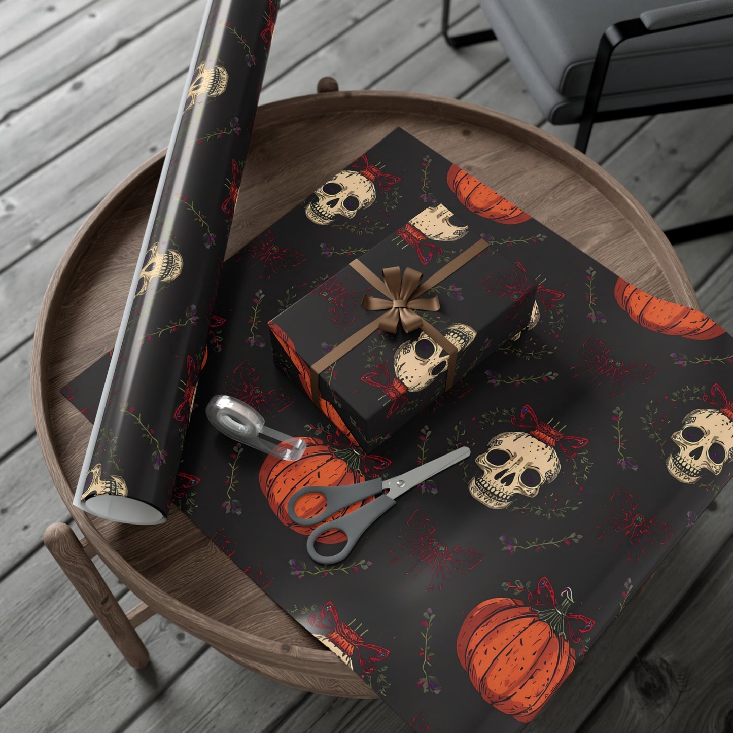 Hollyween Christmas Wrapping Paper – Gothic Holiday Gift Wrap with Skulls, Pumpkins & Bows