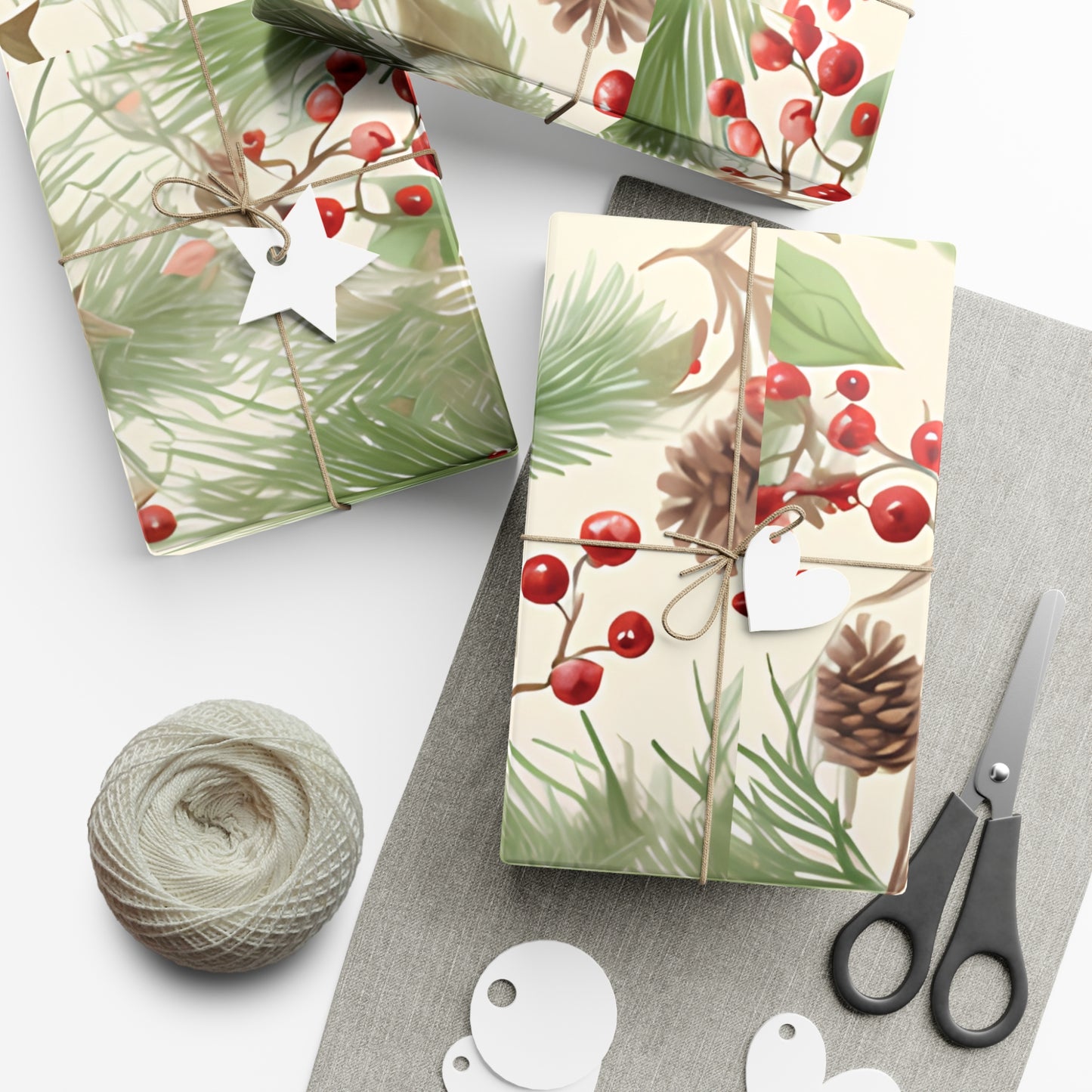 Holiday Gift Wrap Paper, Pinecones and Berries, Eco-Friendly Wrapping Paper, Christmas Gifts, Seasonal Decor, Handmade Wrapping