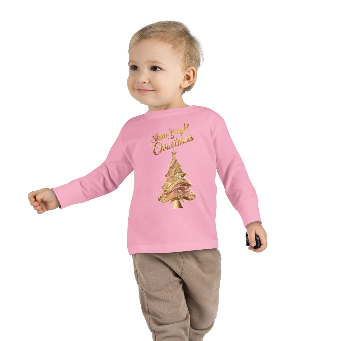 Toddler Long Sleeve Tee, "Shine Bright Christmas" Shirt for Kids, Holiday Outfit, Christmas Gift, Festive Clothing, Cute Toddler Apparel