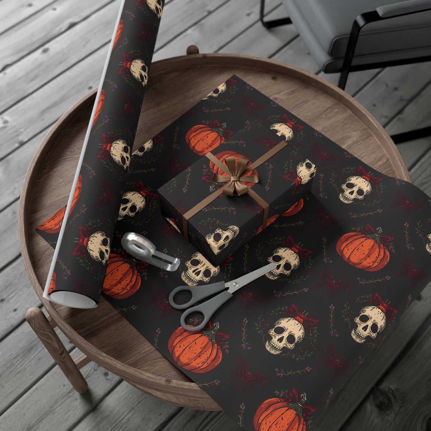 Hollyween Christmas Wrapping Paper – Gothic Holiday Gift Wrap with Skulls, Pumpkins & Bows