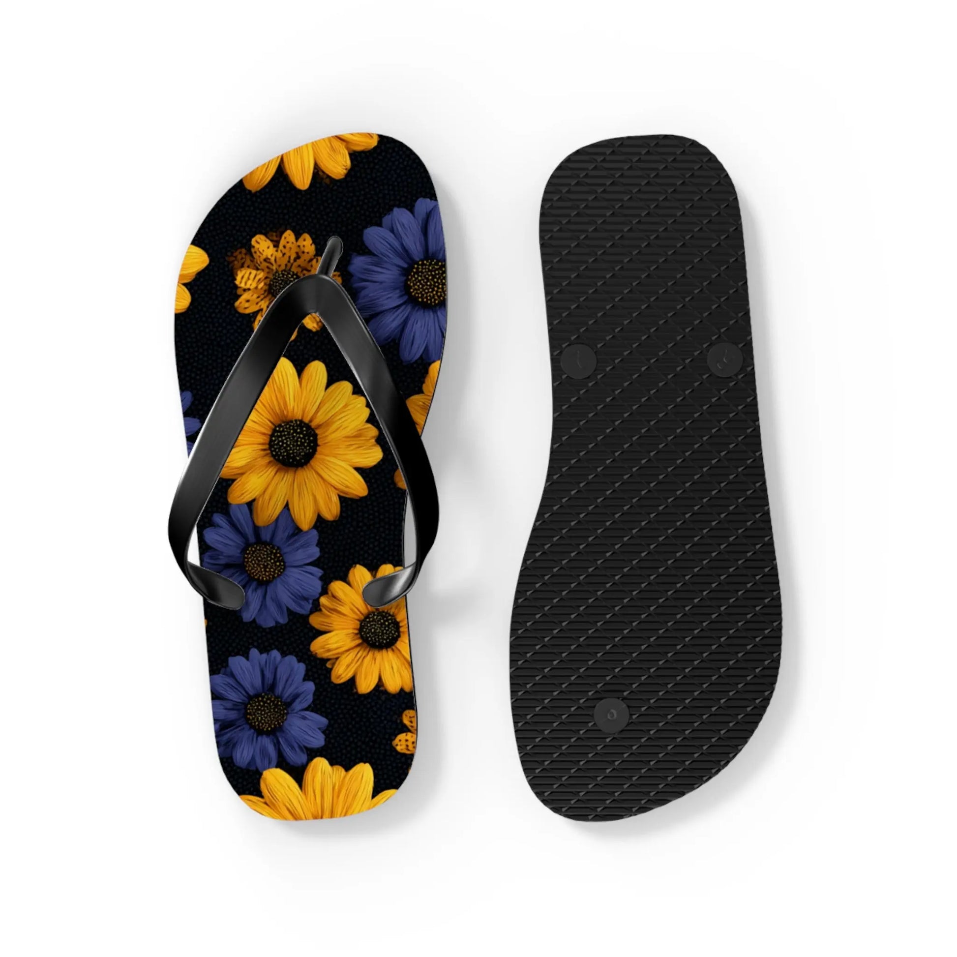 Flip Flops - Daisy Flower Seamless Pattern Retro 90s Vibe Yellow Navy Blue Black Printify