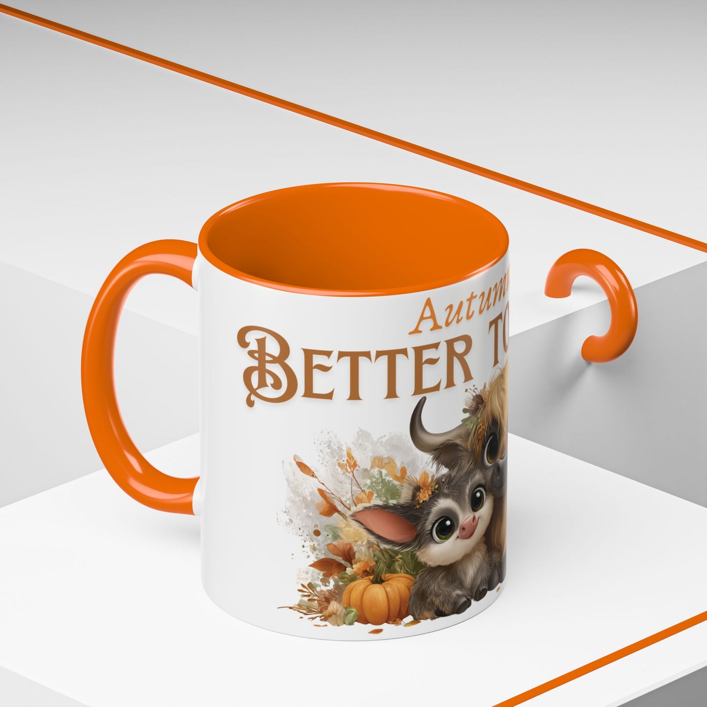 Autumn is Better Together Highland Cow Accent Coffee Mug Fall Mama and Baby Cow Cup White Ceramic with Color Handles 11oz or 15oz