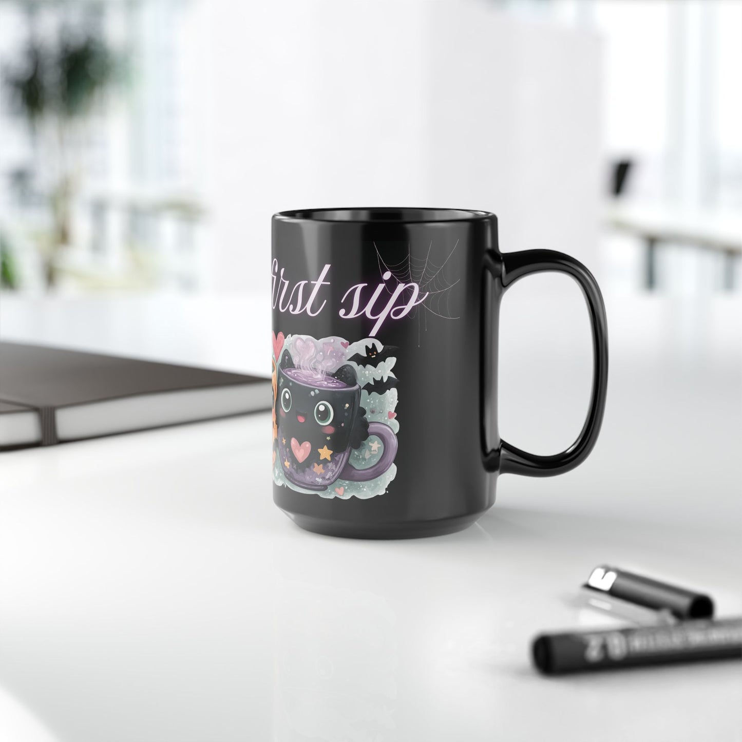 Whimsical Bat Mug, Love at First Sip Coffee Cup, Halloween Gift, Gothic Home Decor, Spooky Tea Mug, Unique Mugs Cute Bat Design - Black