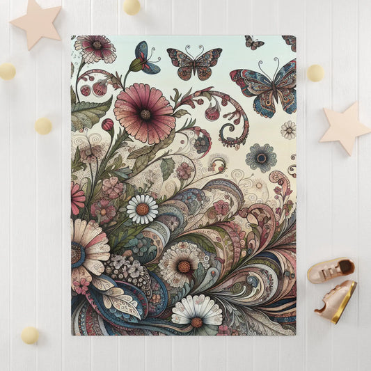 Whimsical Floral Baby Blanket, Cozy Gift for Newborns, Nursery Decor, Butterfly Themed, Floral Pattern Throw Printify