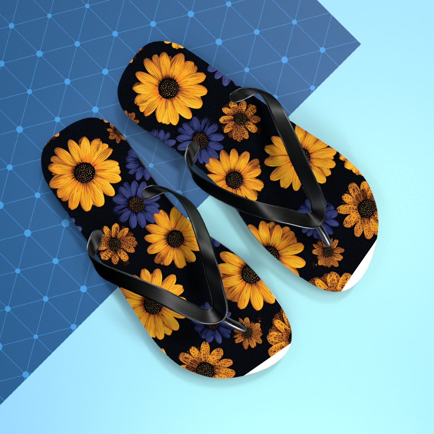 Flip Flops - Daisy Flower Seamless Pattern Retro 90s Vibe Yellow Navy Blue Black