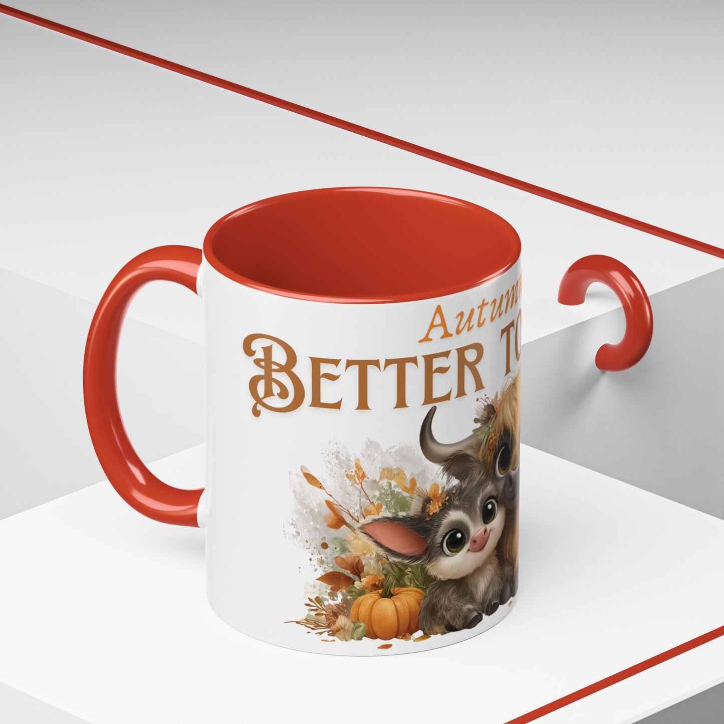Autumn is Better Together Highland Cow Accent Coffee Mug Fall Mama and Baby Cow Cup White Ceramic with Color Handles 11oz or 15oz