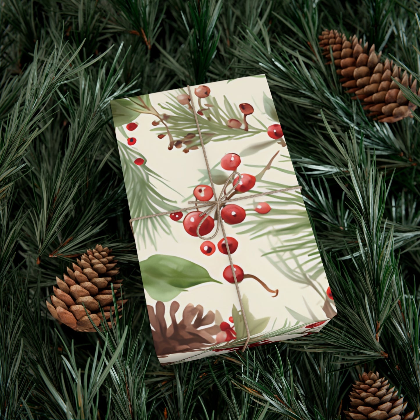 Holiday Gift Wrap Paper, Pinecones and Berries, Eco-Friendly Wrapping Paper, Christmas Gifts, Seasonal Decor, Handmade Wrapping