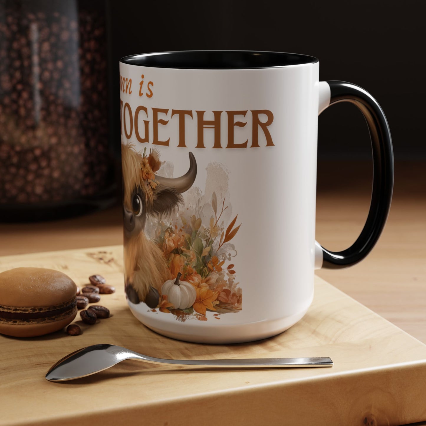 Autumn is Better Together Highland Cow Accent Coffee Mug Fall Mama and Baby Cow Cup White Ceramic with Color Handles 11oz or 15oz