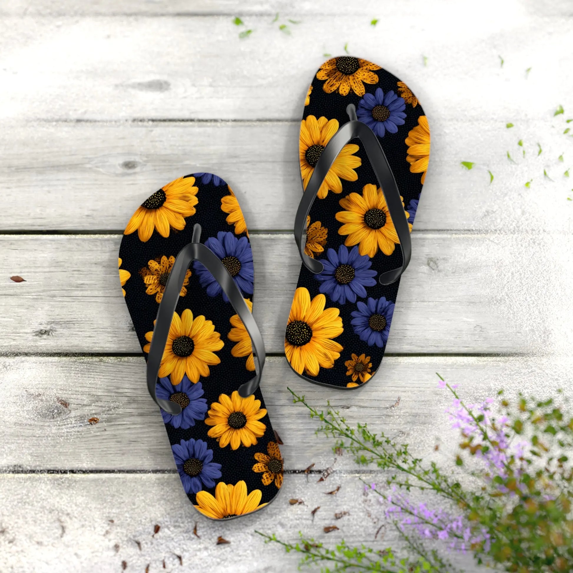Flip Flops - Daisy Flower Seamless Pattern Retro 90s Vibe Yellow Navy Blue Black Printify