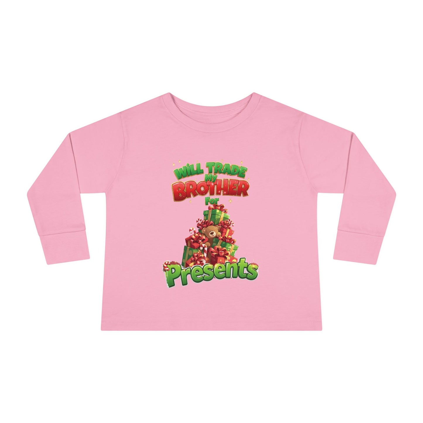 Toddler Christmas Long Sleeve Tee with 'Will Trade Brother for Presents' Design, Kids Holiday T-Shirt, Christmas Gift for Toddlers