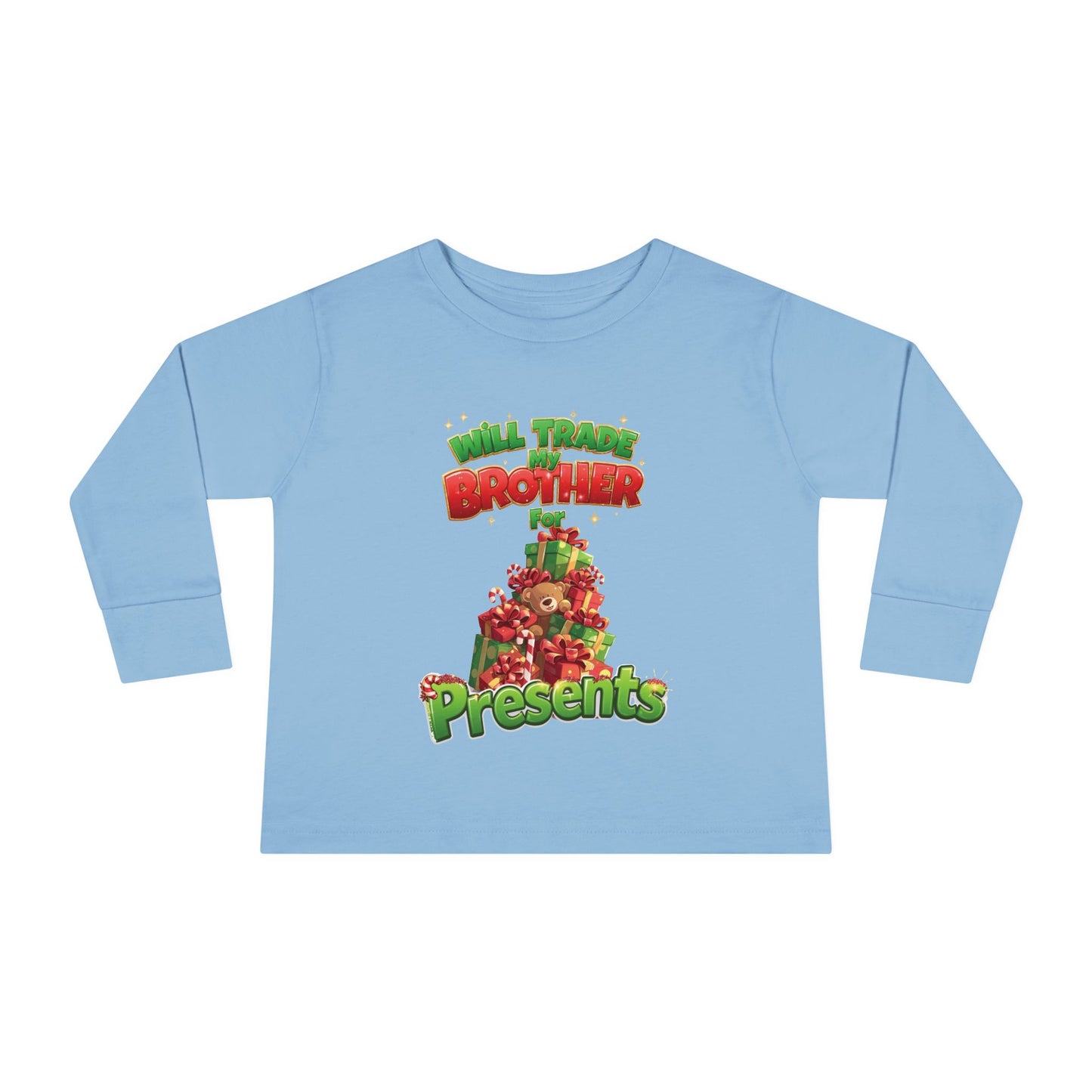 Toddler Christmas Long Sleeve Tee with 'Will Trade Brother for Presents' Design, Kids Holiday T-Shirt, Christmas Gift for Toddlers