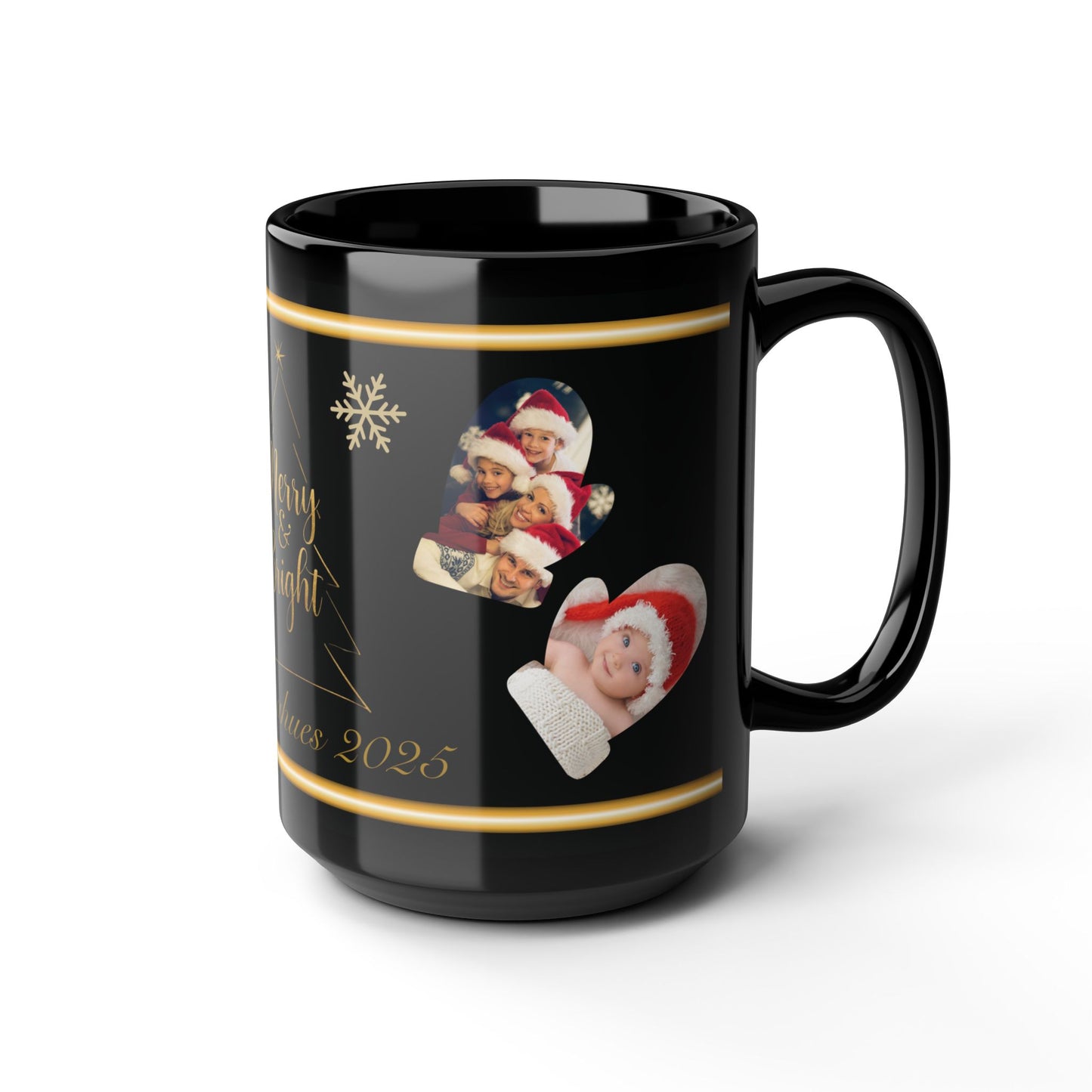 Custom Family Name Christmas Photo Mug – Personalized Holiday Pictures, Add Name & Year, Merry & Bright Gold Wrap, 11oz & 15oz Black Ceramic