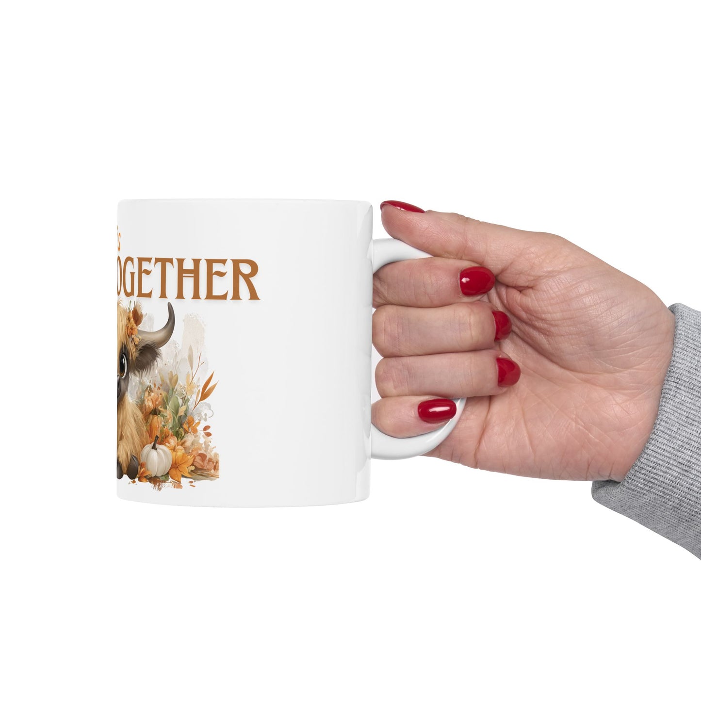 Fall is Better Together Highland Cow Mug Cute Autumn Coffee Cup with Mama and Baby Cow Pumpkins and Florals White Ceramic Mug 11oz or 15oz