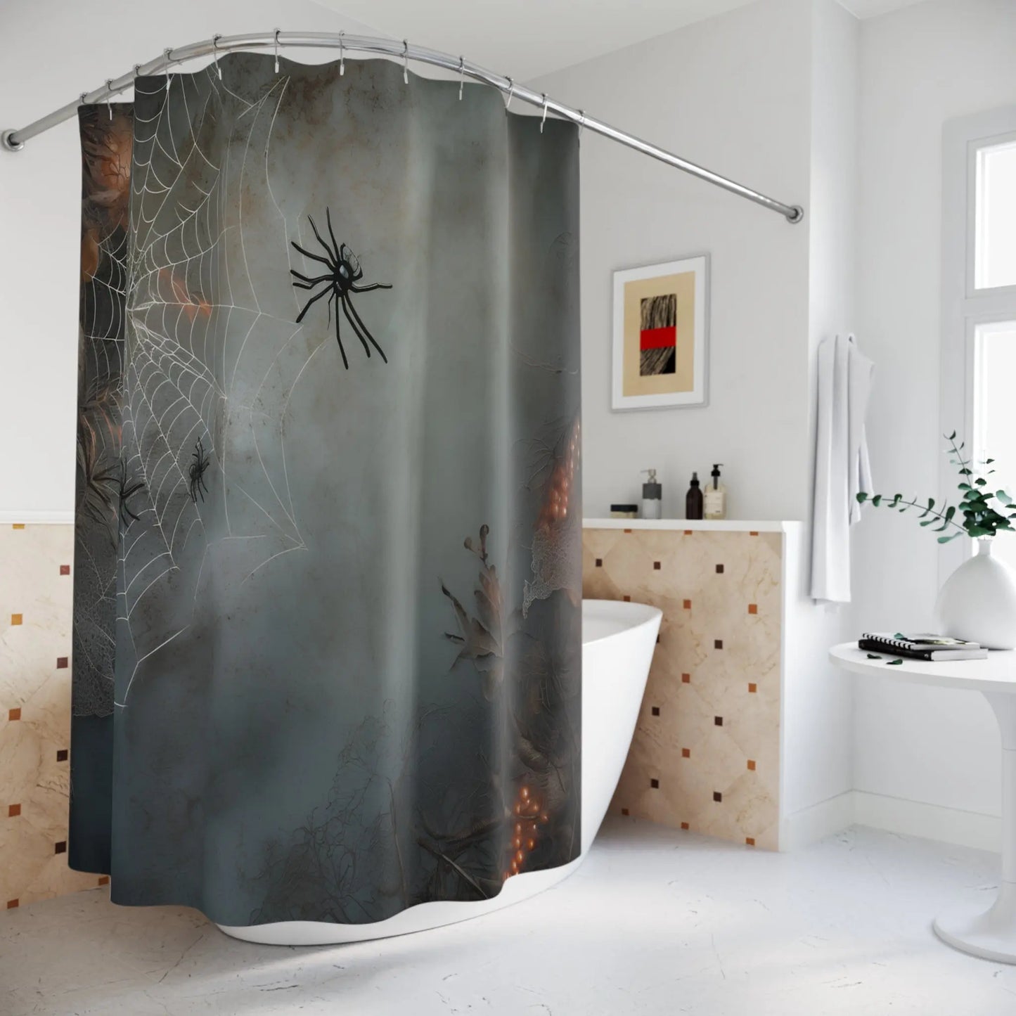 Spooky Spider Shower Curtain - Halloween Decor, Bathroom Art, Gothic Home Design, Unique Gift for Fall, Fun Bath Accessories Printify
