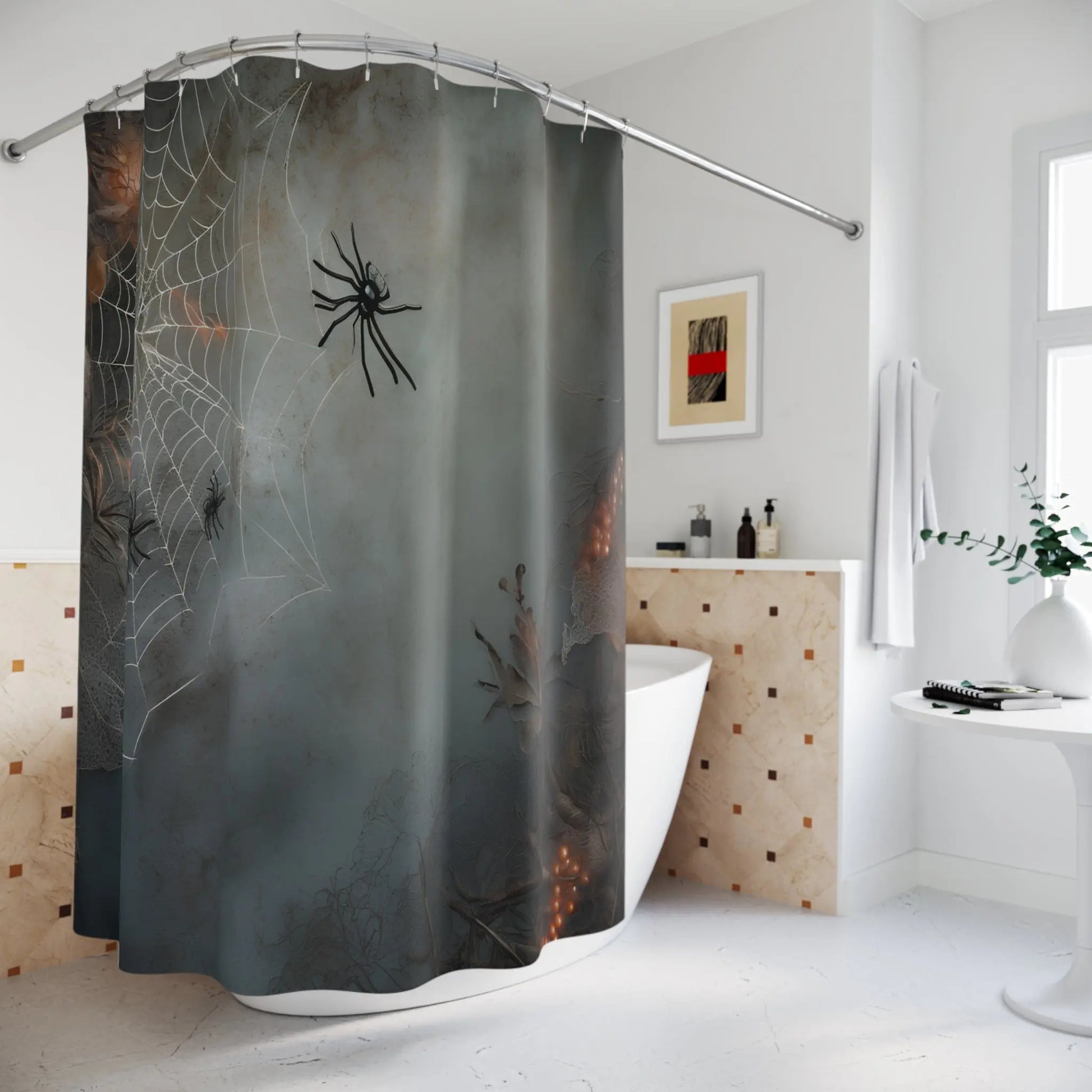 Spooky Spider Shower Curtain - Halloween Decor, Bathroom Art, Gothic Home Design, Unique Gift for Fall, Fun Bath Accessories Printify