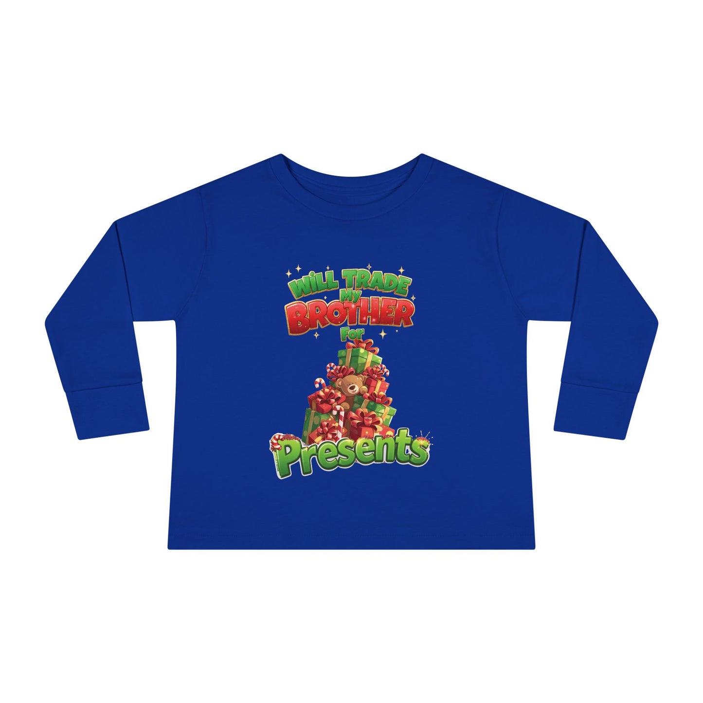 Toddler Christmas Long Sleeve Tee with 'Will Trade Brother for Presents' Design, Kids Holiday T-Shirt, Christmas Gift for Toddlers