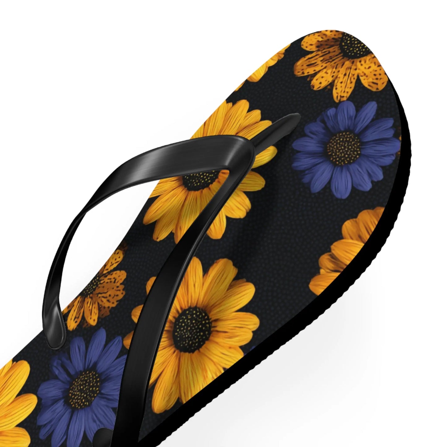 Flip Flops - Daisy Flower Seamless Pattern Retro 90s Vibe Yellow Navy Blue Black Printify