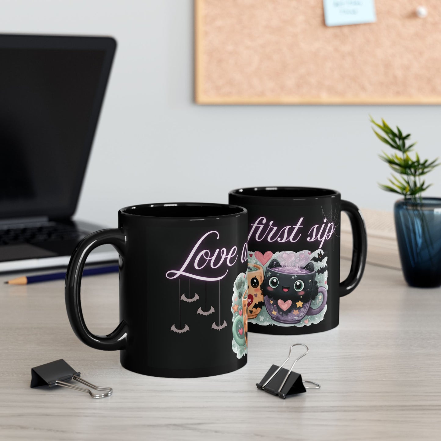 Whimsical Bat Mug, Love at First Sip Coffee Cup, Halloween Gift, Gothic Home Decor, Spooky Tea Mug, Unique Mugs Cute Bat Design - Black