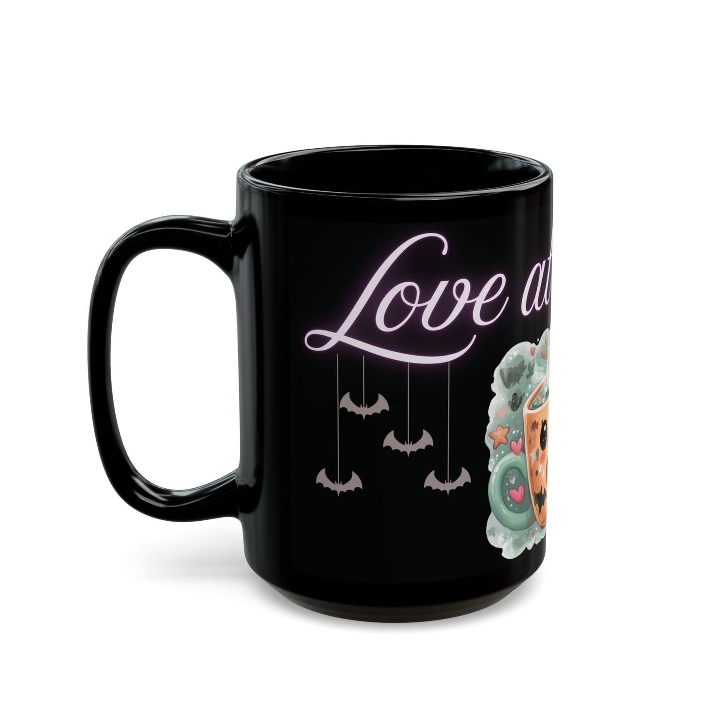 Whimsical Bat Mug, Love at First Sip Coffee Cup, Halloween Gift, Gothic Home Decor, Spooky Tea Mug, Unique Mugs Cute Bat Design - Black