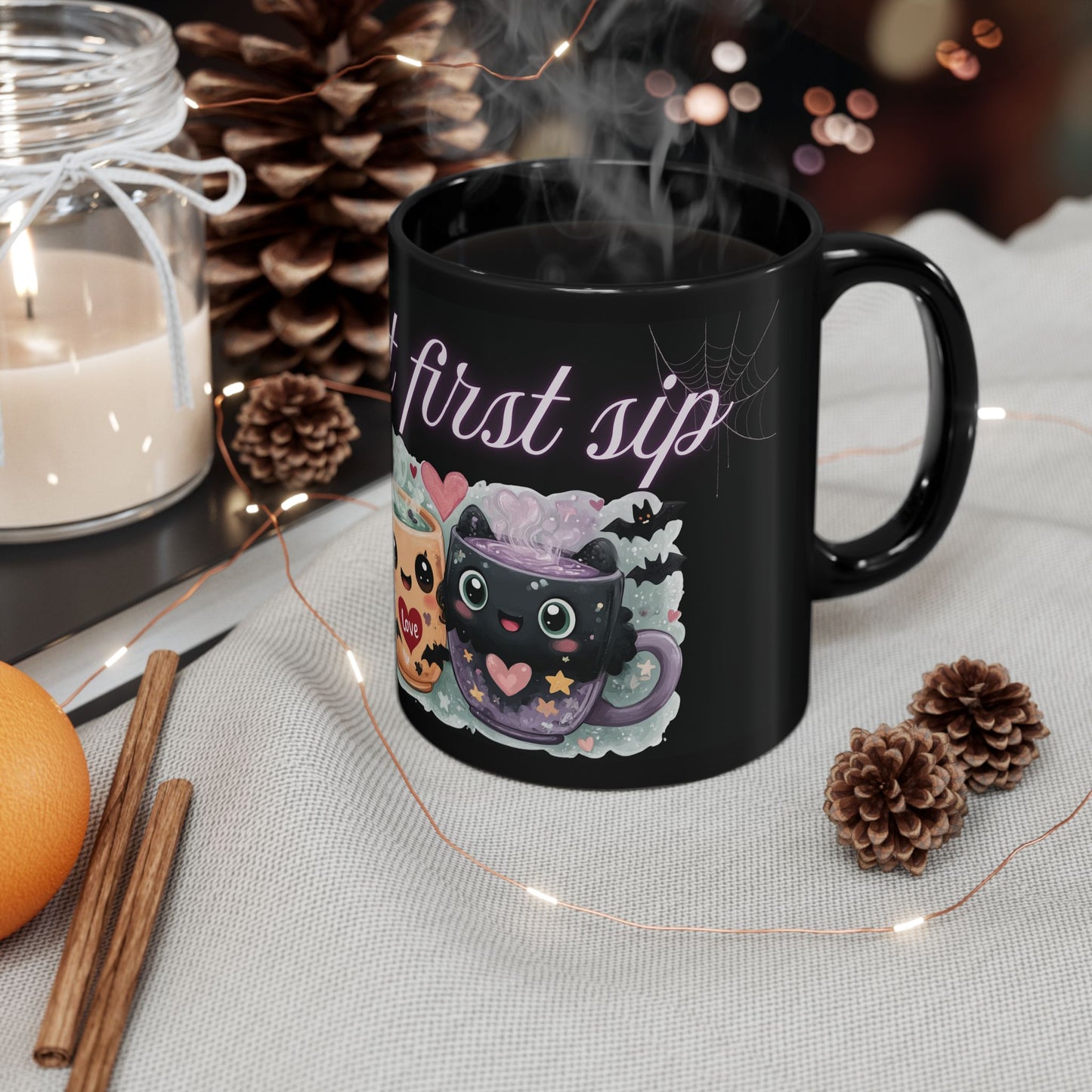 Whimsical Bat Mug, Love at First Sip Coffee Cup, Halloween Gift, Gothic Home Decor, Spooky Tea Mug, Unique Mugs Cute Bat Design - Black