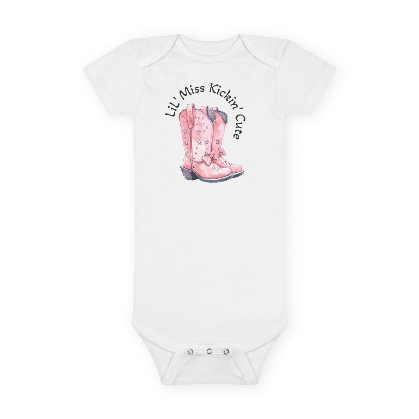 LiL' Miss Kickin' Cute with Cowgirl Boots, Infant Bodysuit, Western Baby, Rodeo Onesie, Cowgirl Baby Outfit, Personalization Option Printify