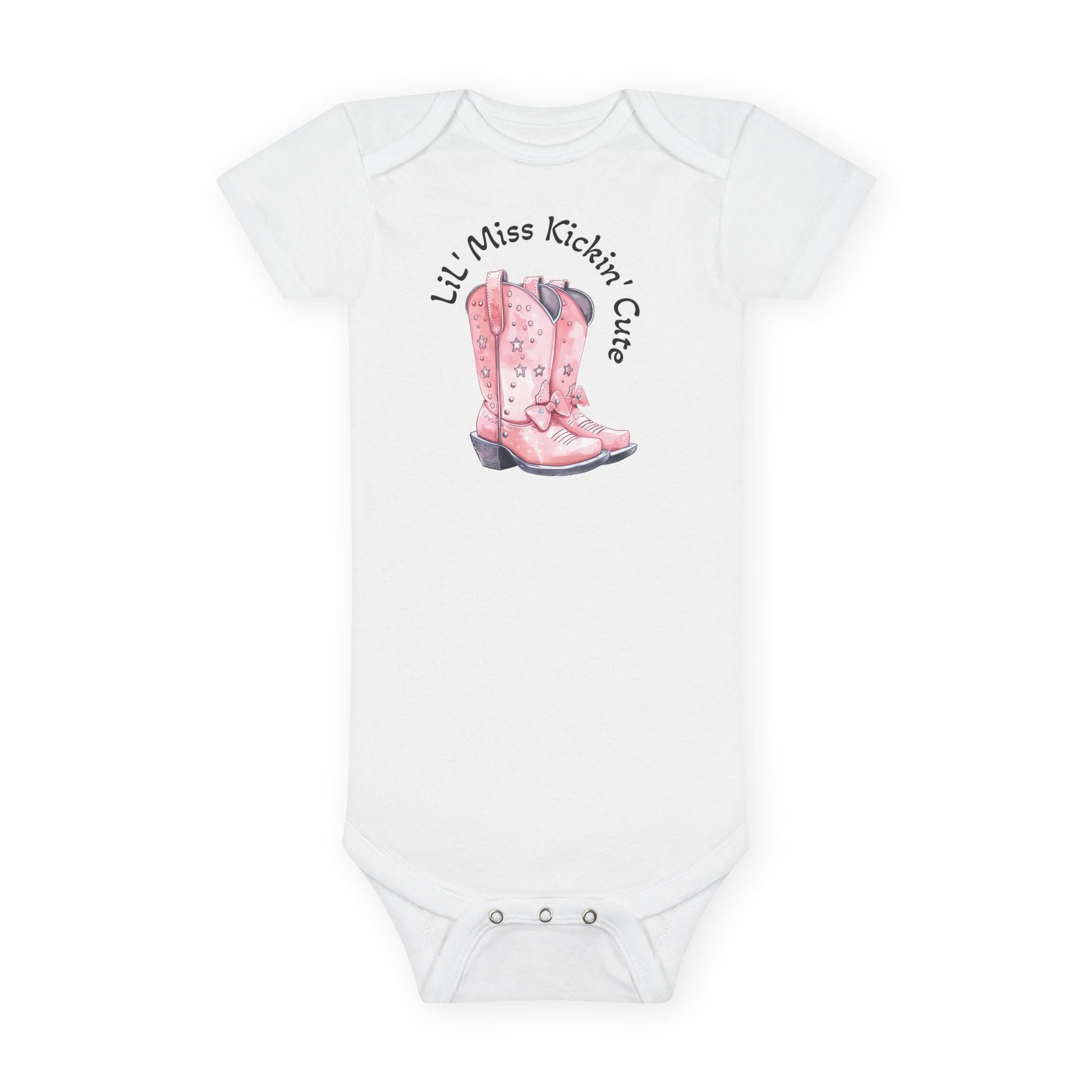 LiL' Miss Kickin' Cute with Cowgirl Boots, Infant Bodysuit, Western Baby, Rodeo Onesie, Cowgirl Baby Outfit, Personalization Option Printify