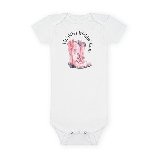 LiL' Miss Kickin' Cute with Cowgirl Boots, Infant Bodysuit, Western Baby, Rodeo Onesie, Cowgirl Baby Outfit, Personalization Option Printify