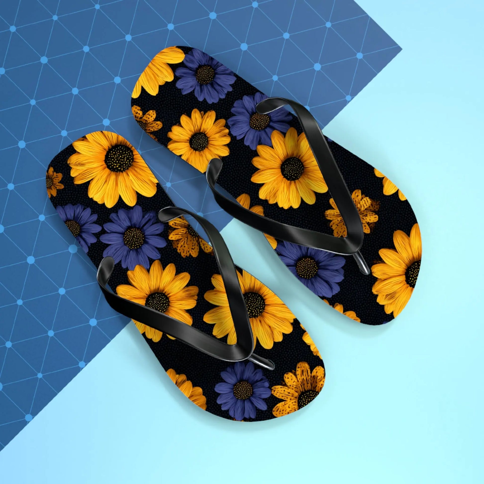 Flip Flops - Daisy Flower Seamless Pattern Retro 90s Vibe Yellow Navy Blue Black Printify