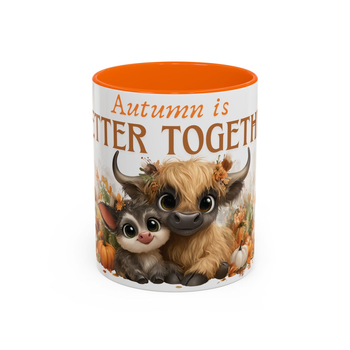 Autumn is Better Together Highland Cow Accent Coffee Mug Fall Mama and Baby Cow Cup White Ceramic with Color Handles 11oz or 15oz