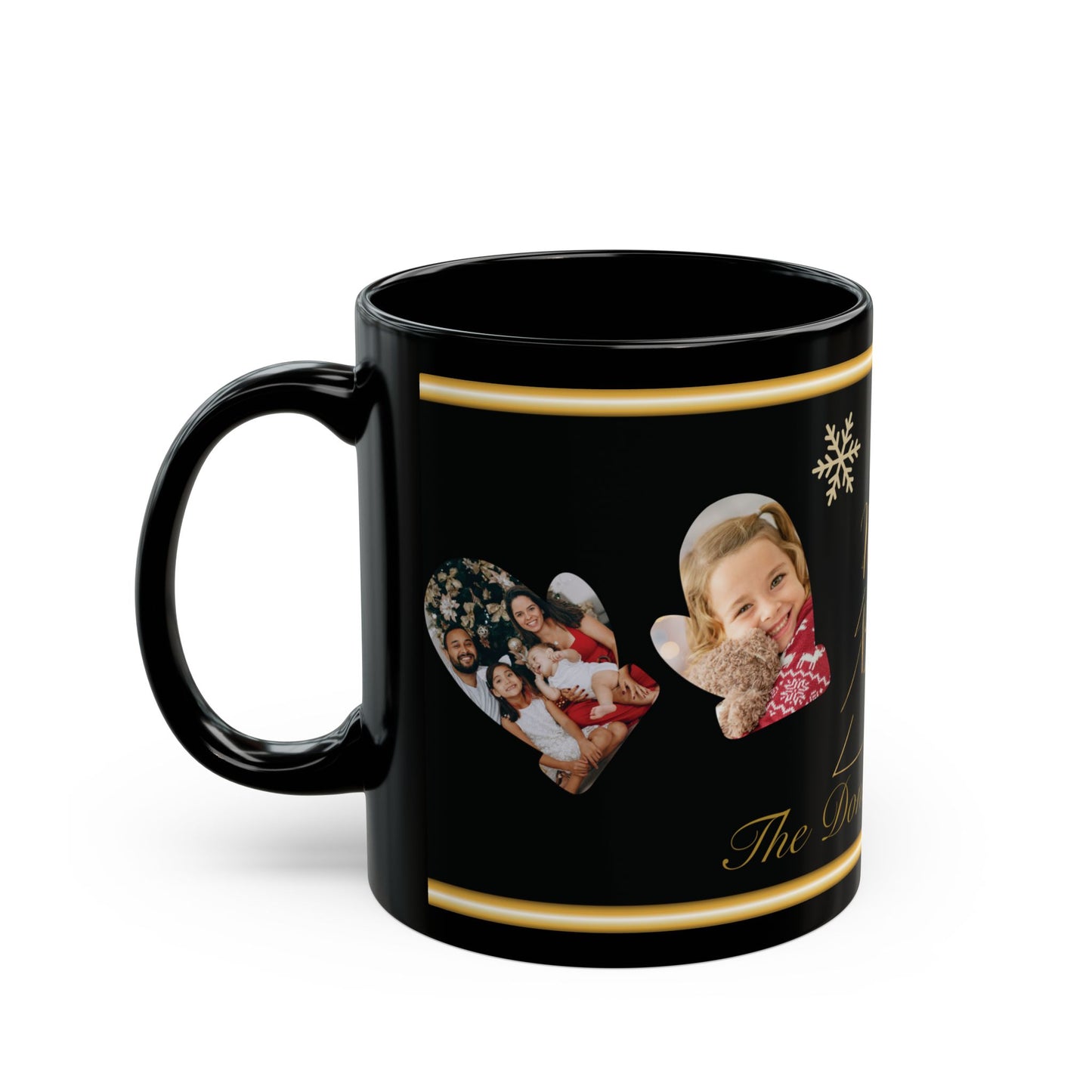Custom Family Name Christmas Photo Mug – Personalized Holiday Pictures, Add Name & Year, Merry & Bright Gold Wrap, 11oz & 15oz Black Ceramic