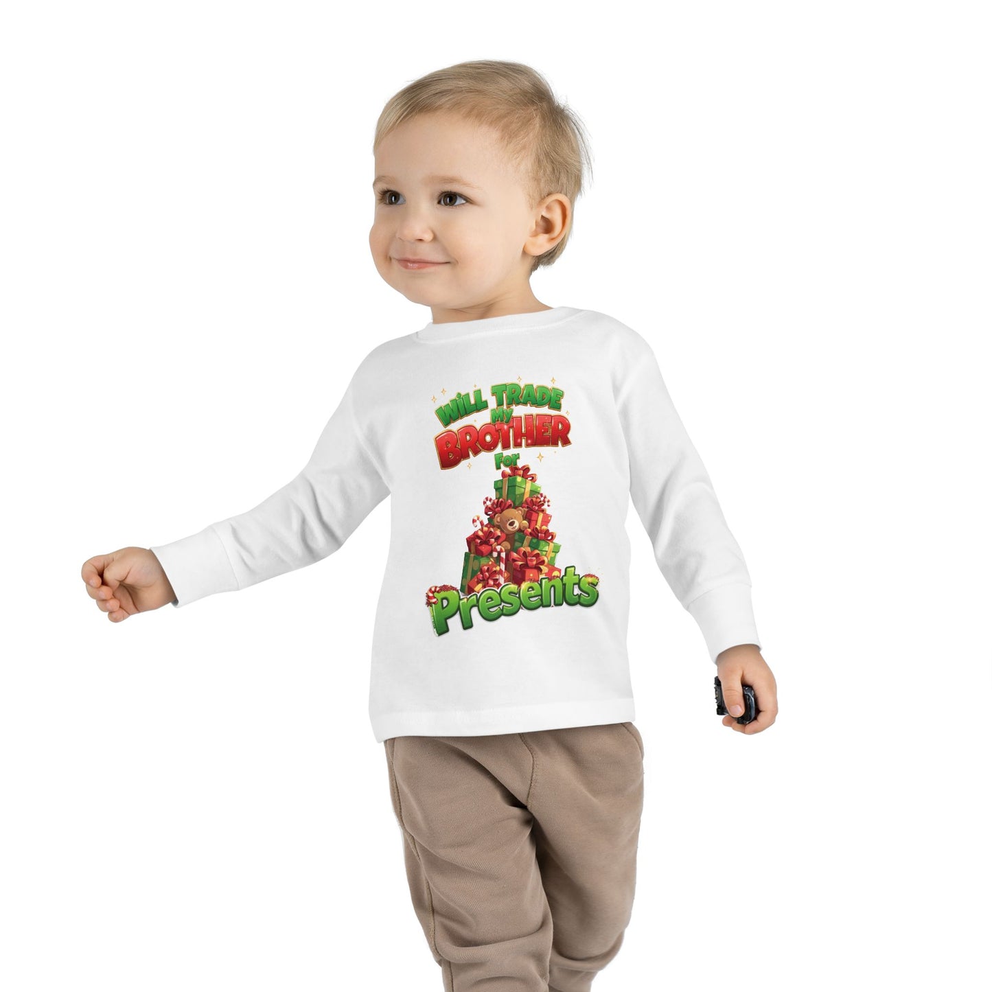 Toddler Christmas Long Sleeve Tee with 'Will Trade Brother for Presents' Design, Kids Holiday T-Shirt, Christmas Gift for Toddlers
