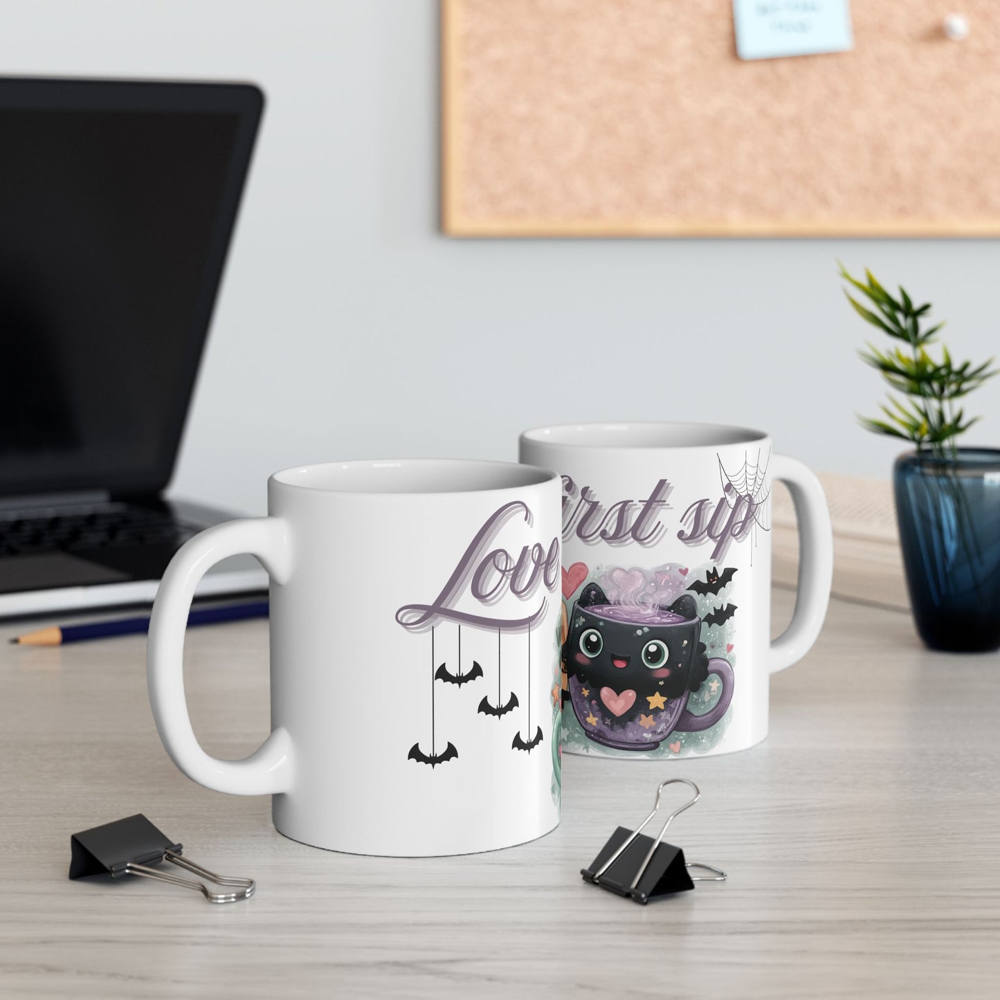 Whimsical Bat Ceramic Mug, Love at First Sip Kawaii Style Coffee Cup, 11oz, 15oz - Halloween Gift, Animal Lover, Cute Kitchen Decor, Vampire