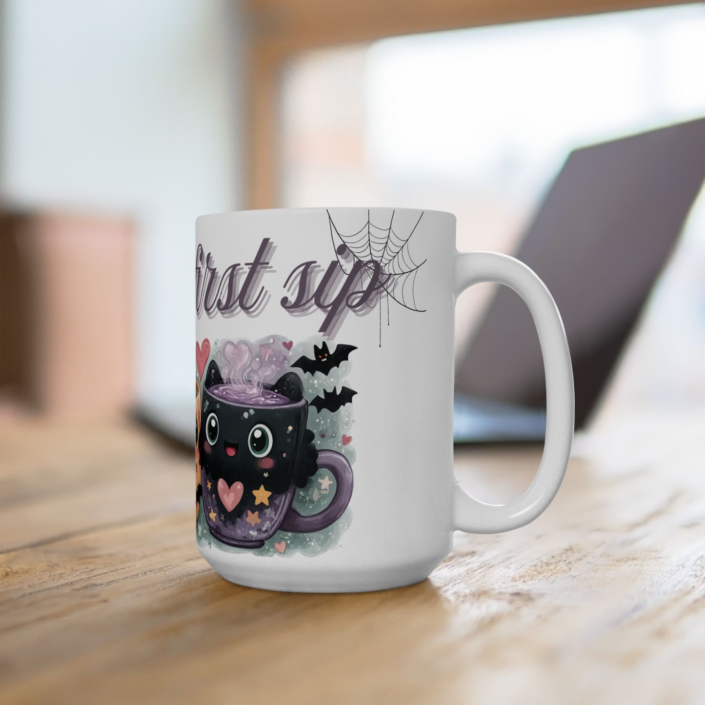 Whimsical Bat Ceramic Mug, Love at First Sip Kawaii Style Coffee Cup, 11oz, 15oz - Halloween Gift, Animal Lover, Cute Kitchen Decor, Vampire