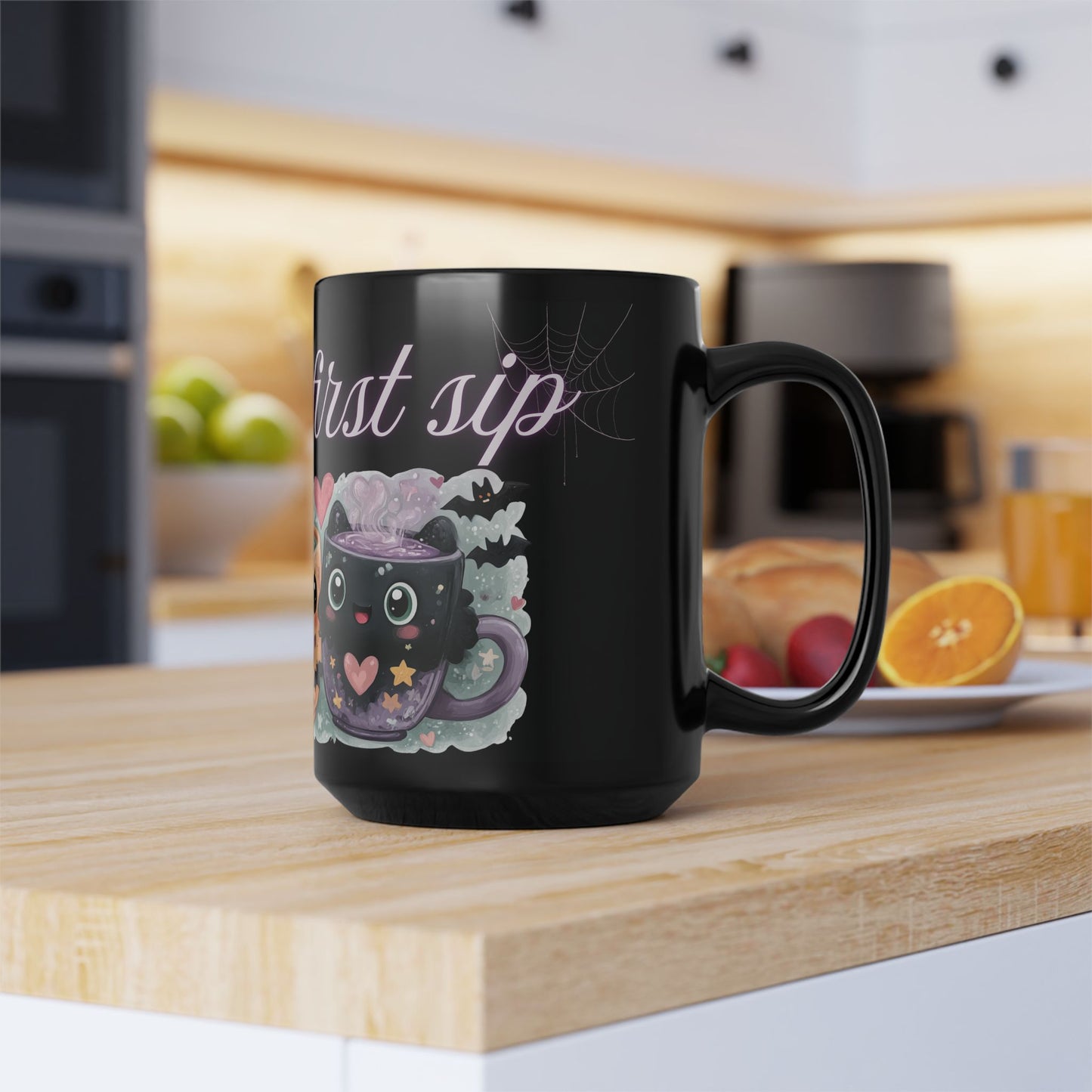 Whimsical Bat Mug, Love at First Sip Coffee Cup, Halloween Gift, Gothic Home Decor, Spooky Tea Mug, Unique Mugs Cute Bat Design - Black