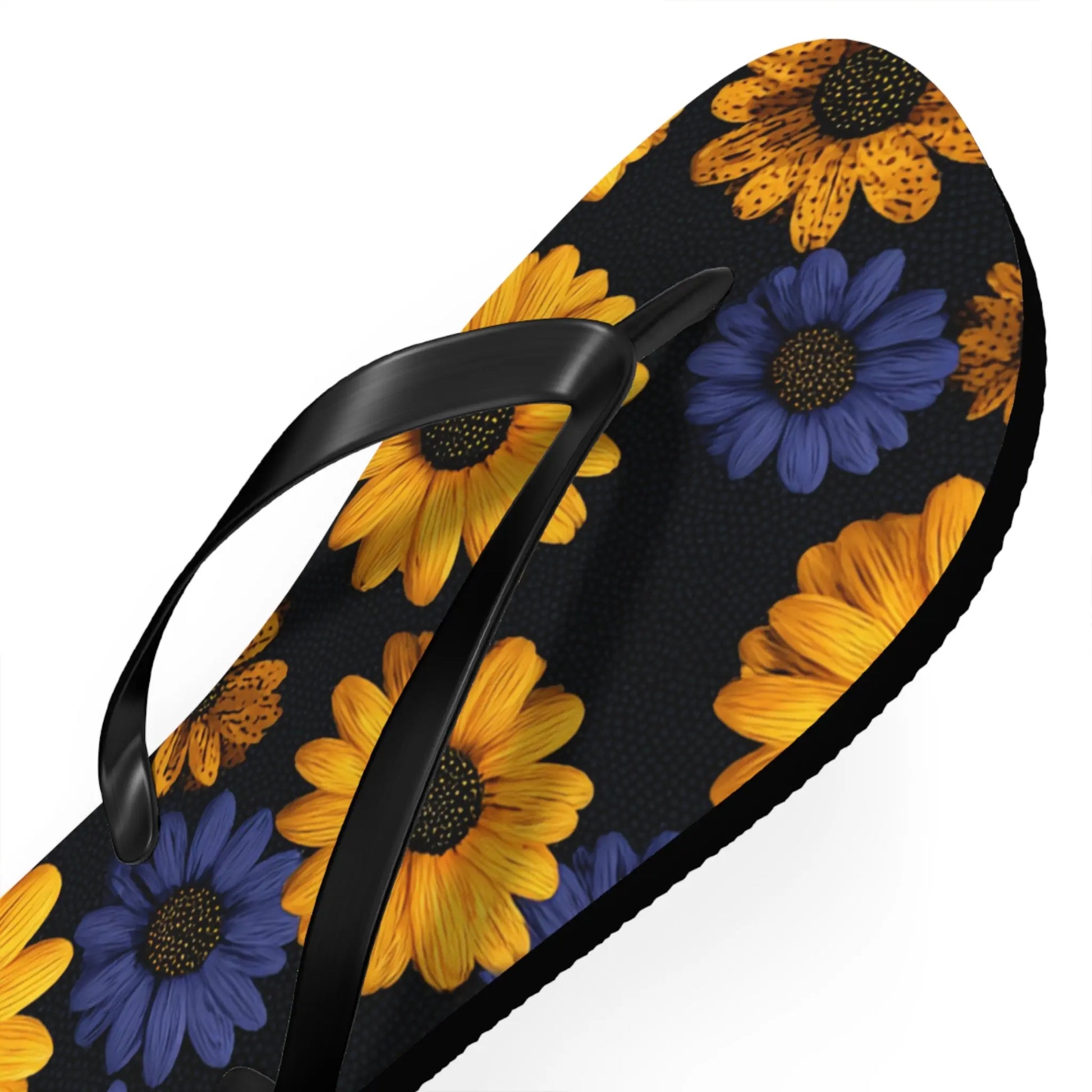 Flip Flops - Daisy Flower Seamless Pattern Retro 90s Vibe Yellow Navy Blue Black Printify