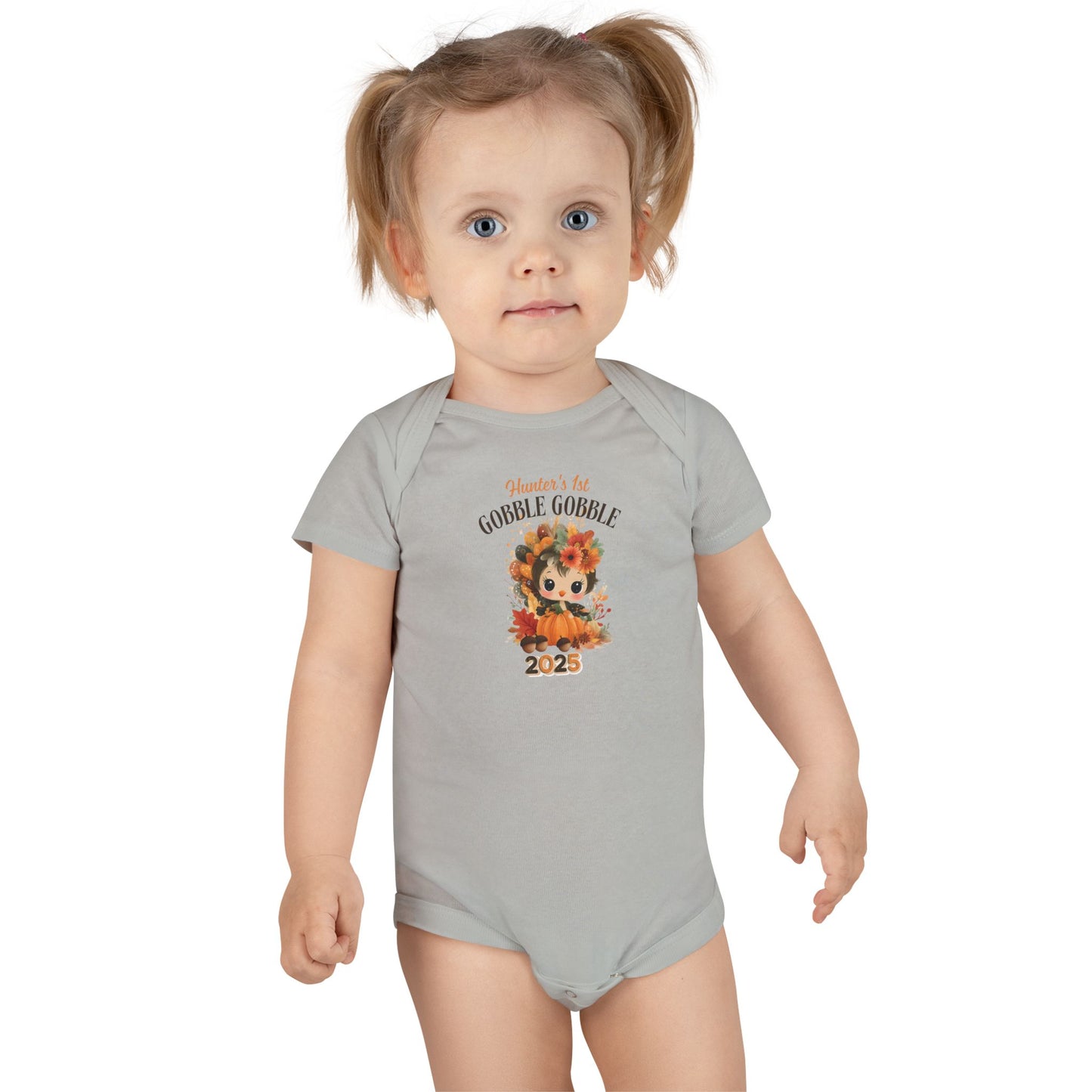 Personalized Baby Thanksgiving Onesie 1st Gobble Gobble Turkey Outfit Custom Name and Year Holiday Baby Bodysuit White Grey Blue Pink
