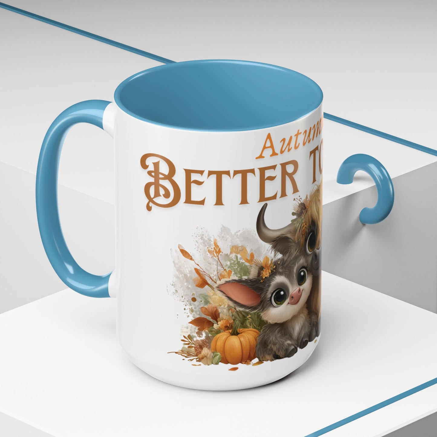 Autumn is Better Together Highland Cow Accent Coffee Mug Fall Mama and Baby Cow Cup White Ceramic with Color Handles 11oz or 15oz